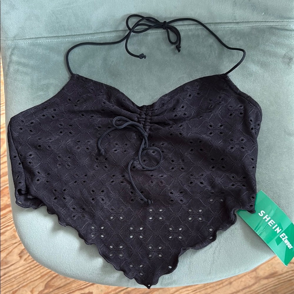 SHEIN Black Eyelet Halter Top